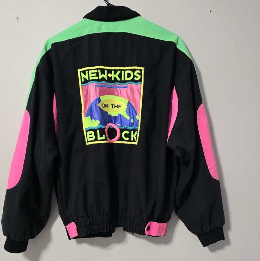 RARE 90s Vintage New Kids On The Block NEON Pink,Green,Black Bomber Jacket (S)